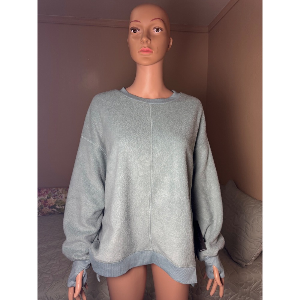 Tahari Sport Seafoam Blue Fleece Crewneck Sweatshirt Thumbhole Cuffs Womens M